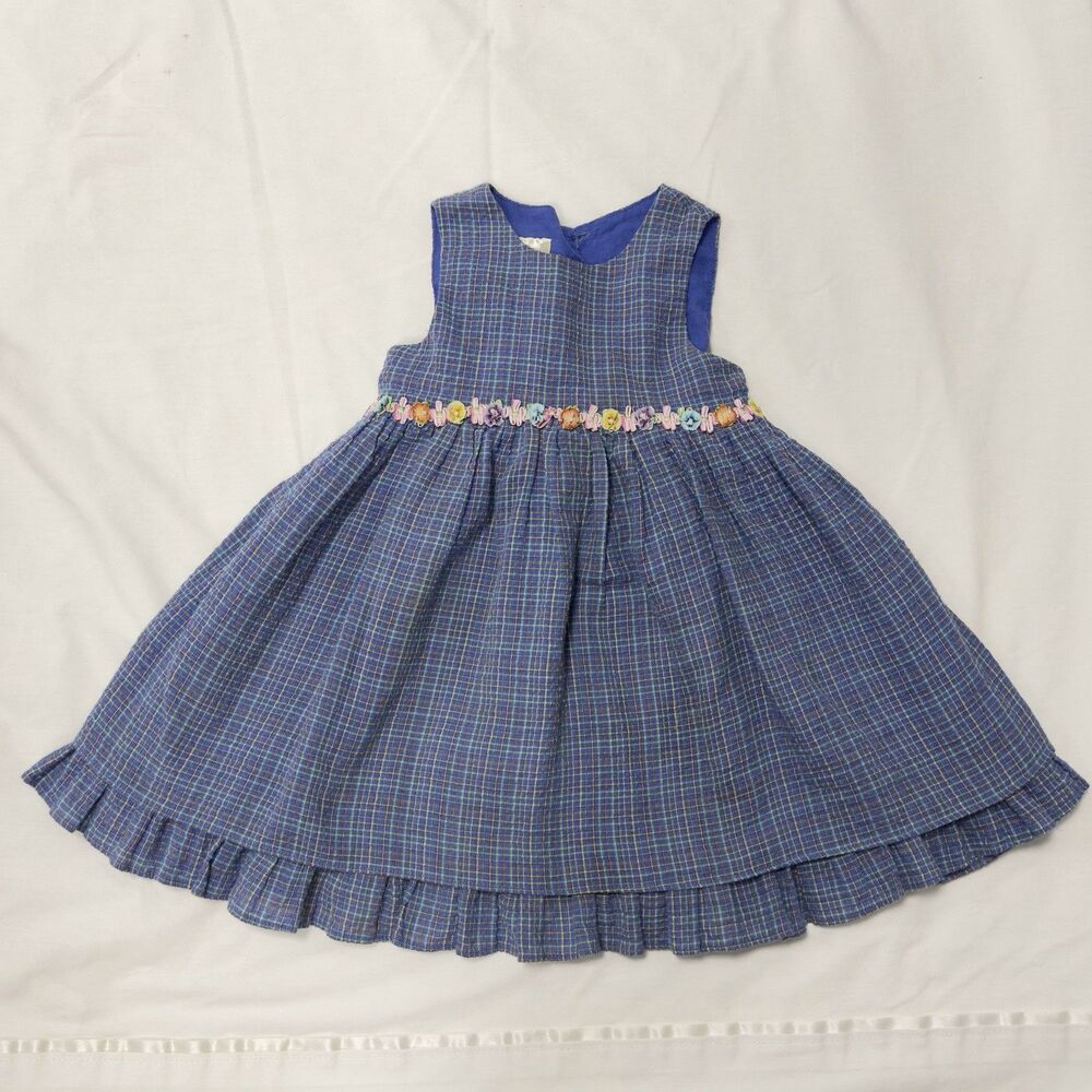 Laura Ashley London Girls Dress 2T Blue Plaid Floral Trim Sleeveless Ruffle Hem